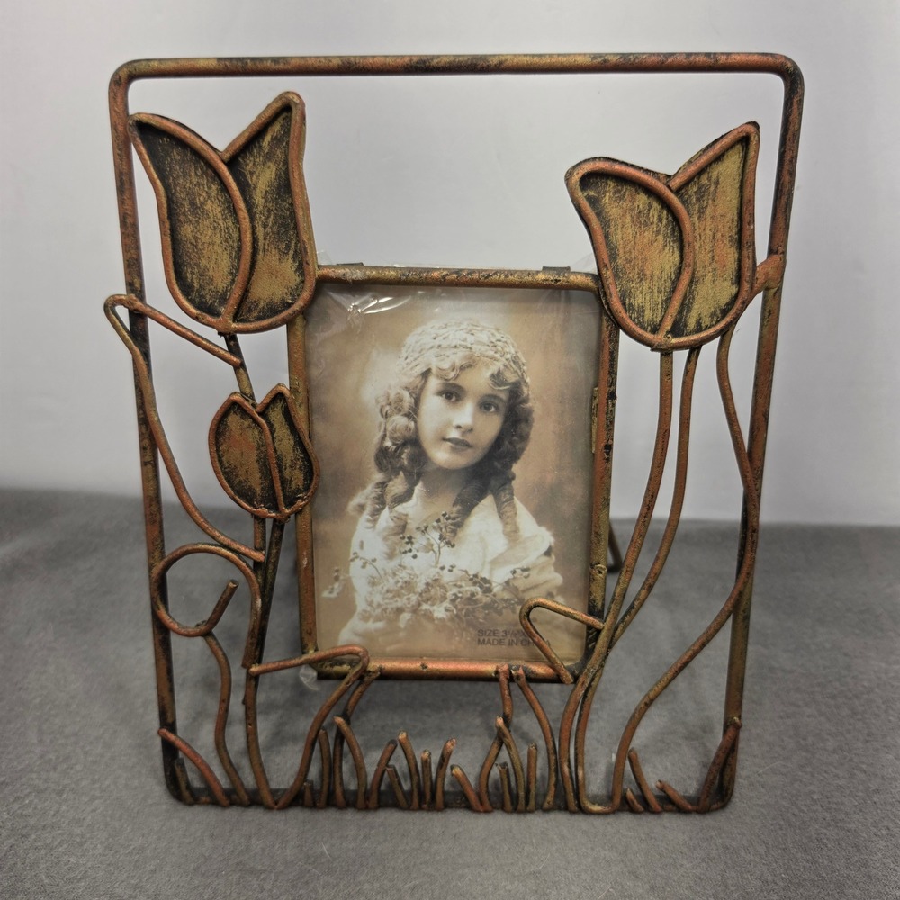World Bazaars Art Nouveau Metal Tulip Picture Frame 3.5x5 Antiqued Copper Gold